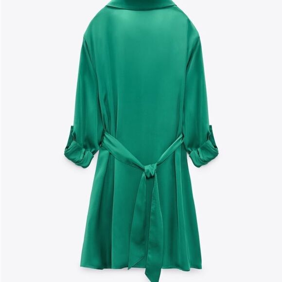 Zara Belted Satin Effect Shirt Dress Green S NWT - Picture 8 of 12